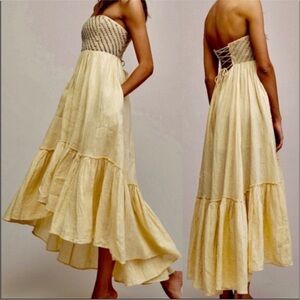 Free People Shimmers In The Sky Maxi Dress Ivory Yellow Beaded Strapless Linen S